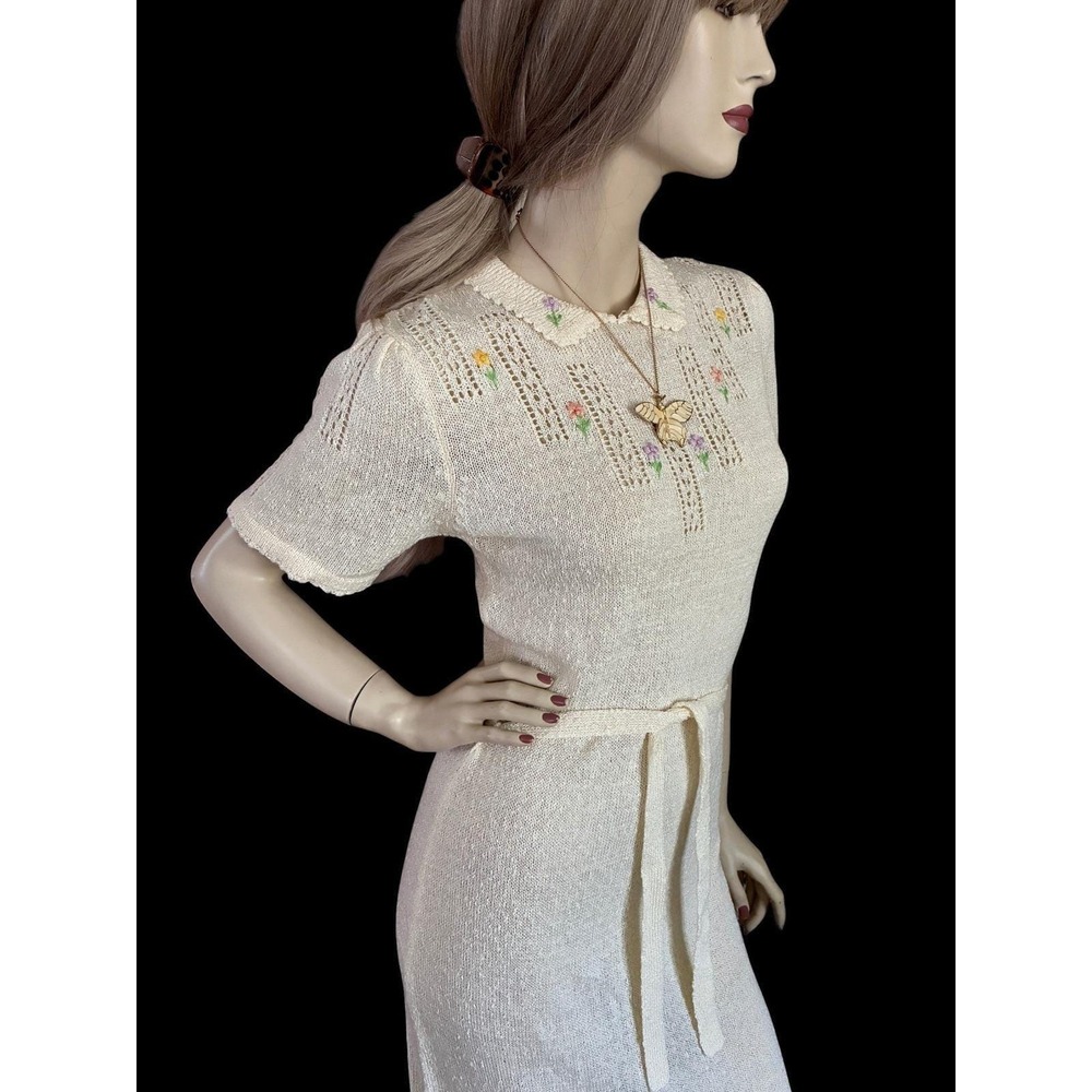Vintage Knit Dress Cream Floral Embroidered Pointelle Cottagecore Small - Picture 4 of 10